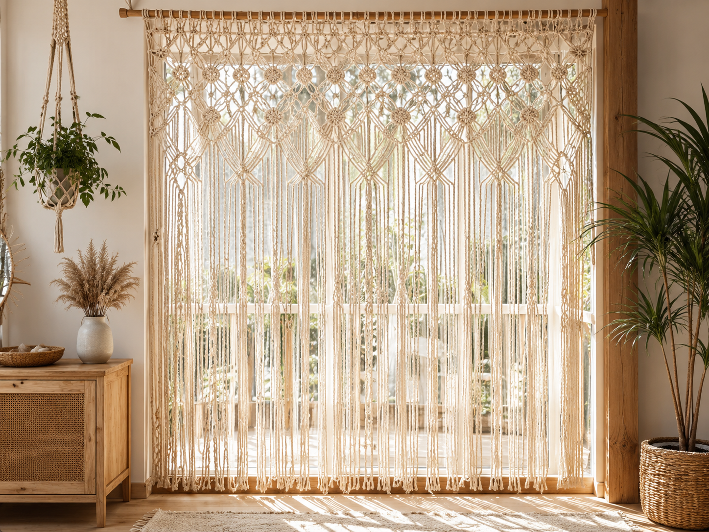 Salon, mutfak, kapı, pencere ve balkon için el yapımı makrome perde modelleri hazırlanır.