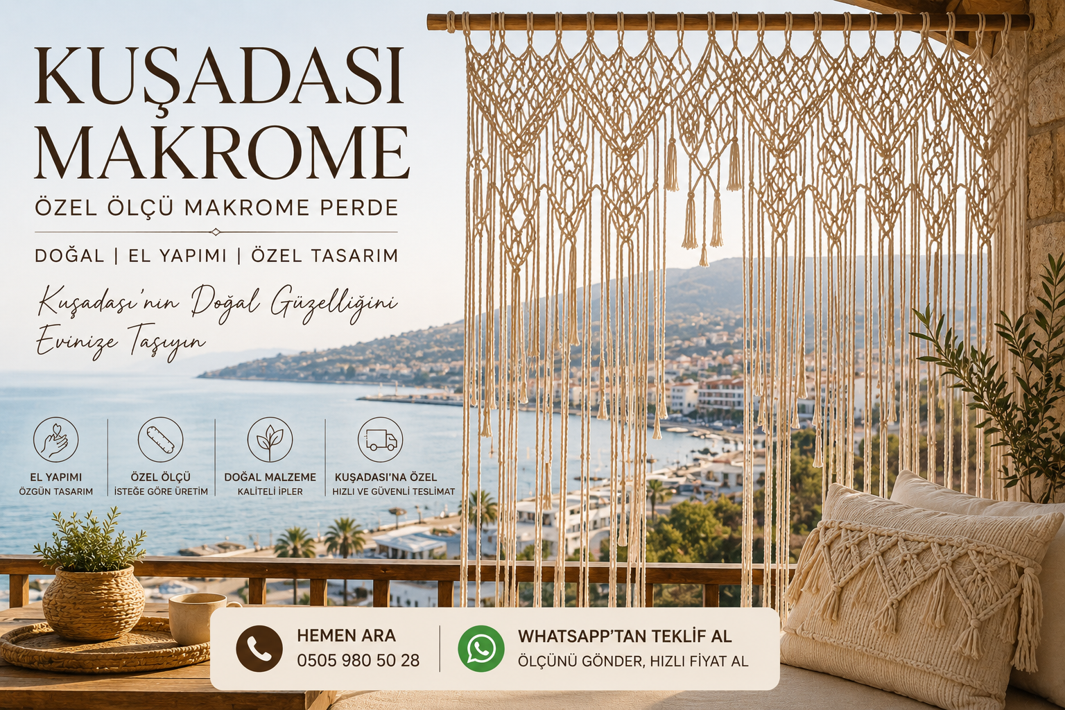 Kuşadası makrome perde, özel ölçü makrome perde, makrome perde fiyatları, Kuşadası makrome yapan yerler ve dekoratif makrome ürünleri için MyMakrome’den hızlı teklif alın.